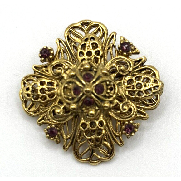 Vintage Filigree Rhinestone Brooch Bronze Purple J1-3012 - Picture 1 of 8